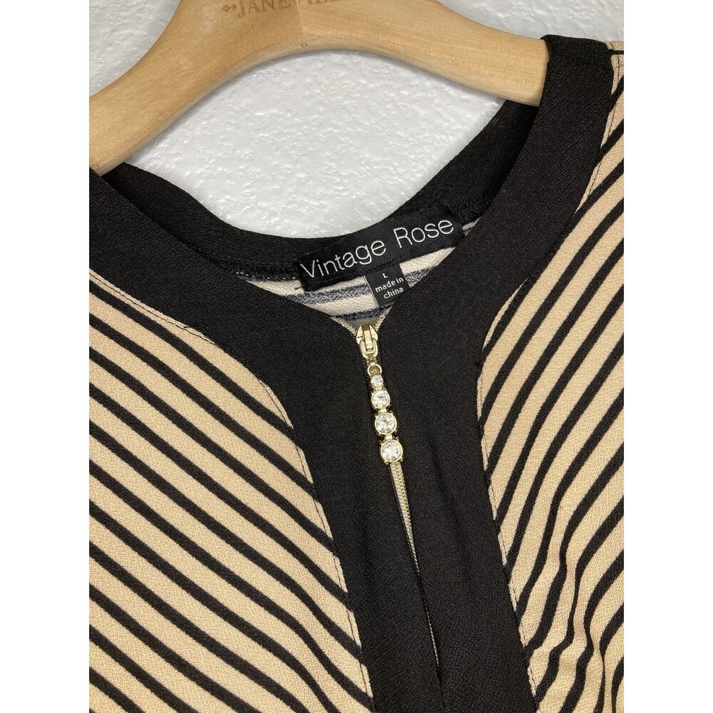 Vintage Rose L Top Flutter Sleeve Jeweled Zip Black Tan Babydoll Tunic Career